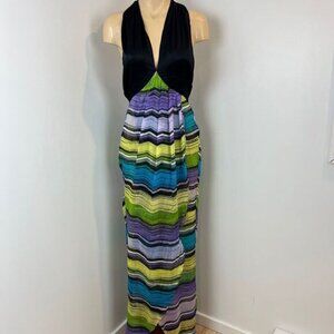Bebe Large Y2K Multi Halter Sleeveless Open Back Maxi Dress Sundress Silk Beach
